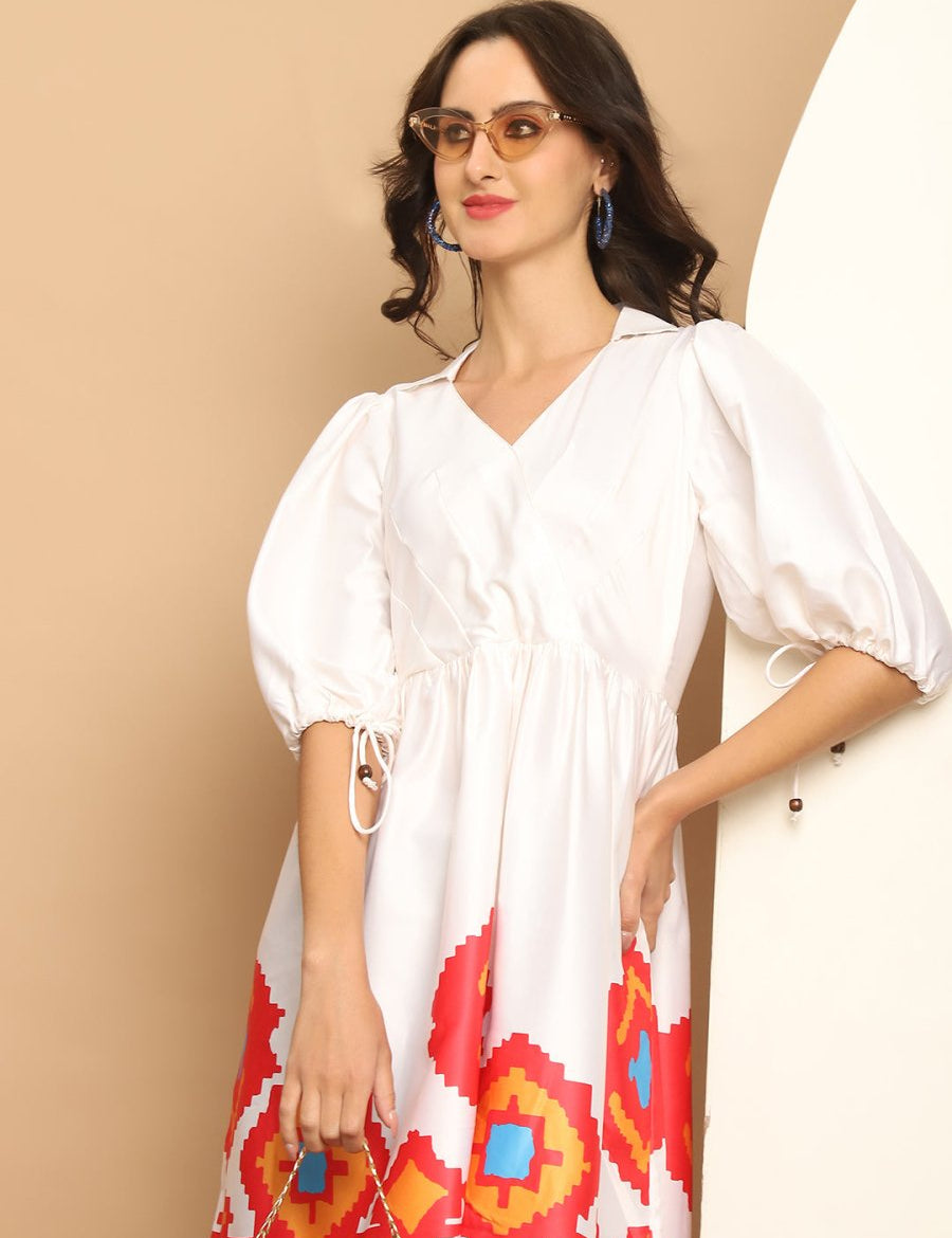 Printed Flared Dress For Women - JND_1034White_XS