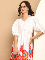 Printed Flared Dress For Women - JND_1034White_XS