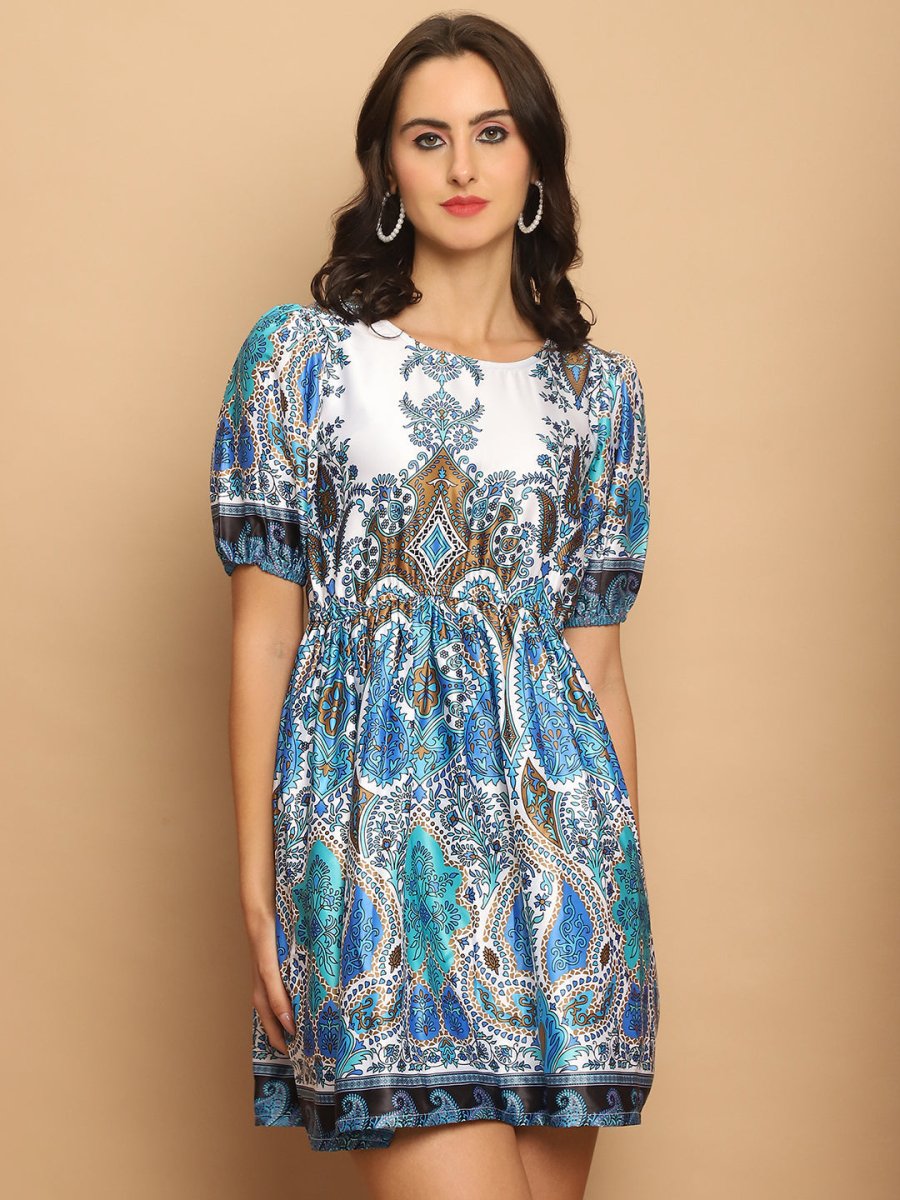 Printed Flared Dress For Women - JND_1038Blue_XS