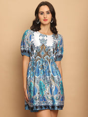 Printed Flared Dress For Women - JND_1038Blue_XS