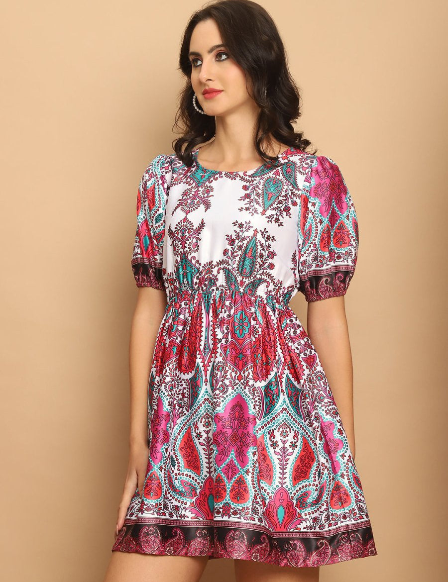 Printed Flared Dress For Women - JND_1038Pink_XS