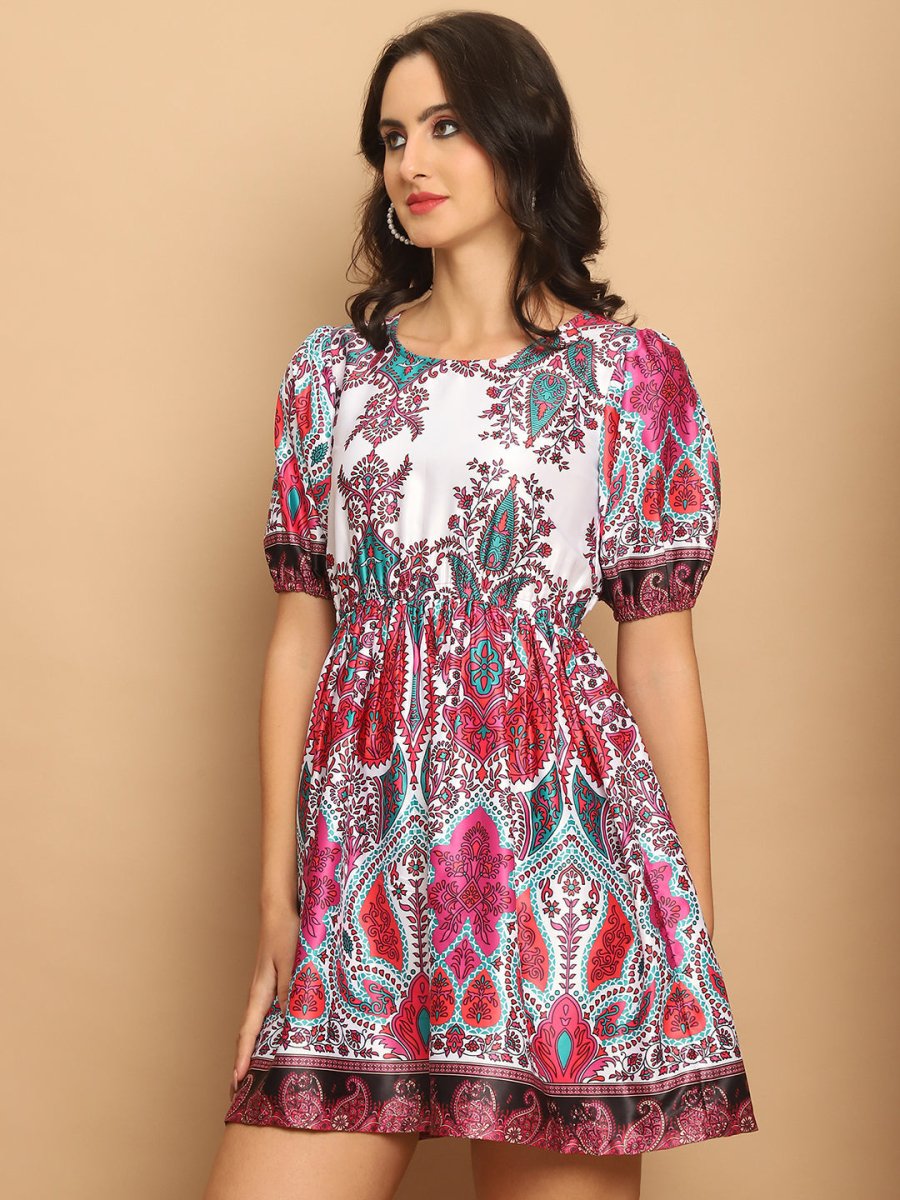 Printed Flared Dress For Women - JND_1038Pink_XS