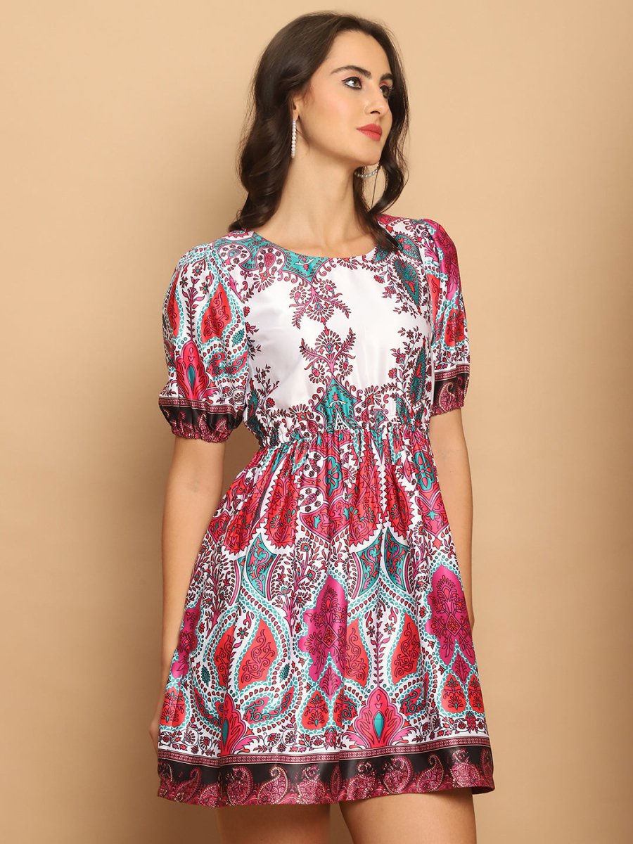 Printed Flared Dress For Women - JND_1038Pink_XS