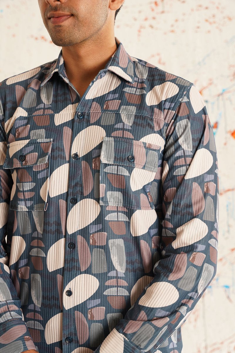 Printed Grey Spread Collar Cotton Curved Casual Shirt - SF_930Grey_S