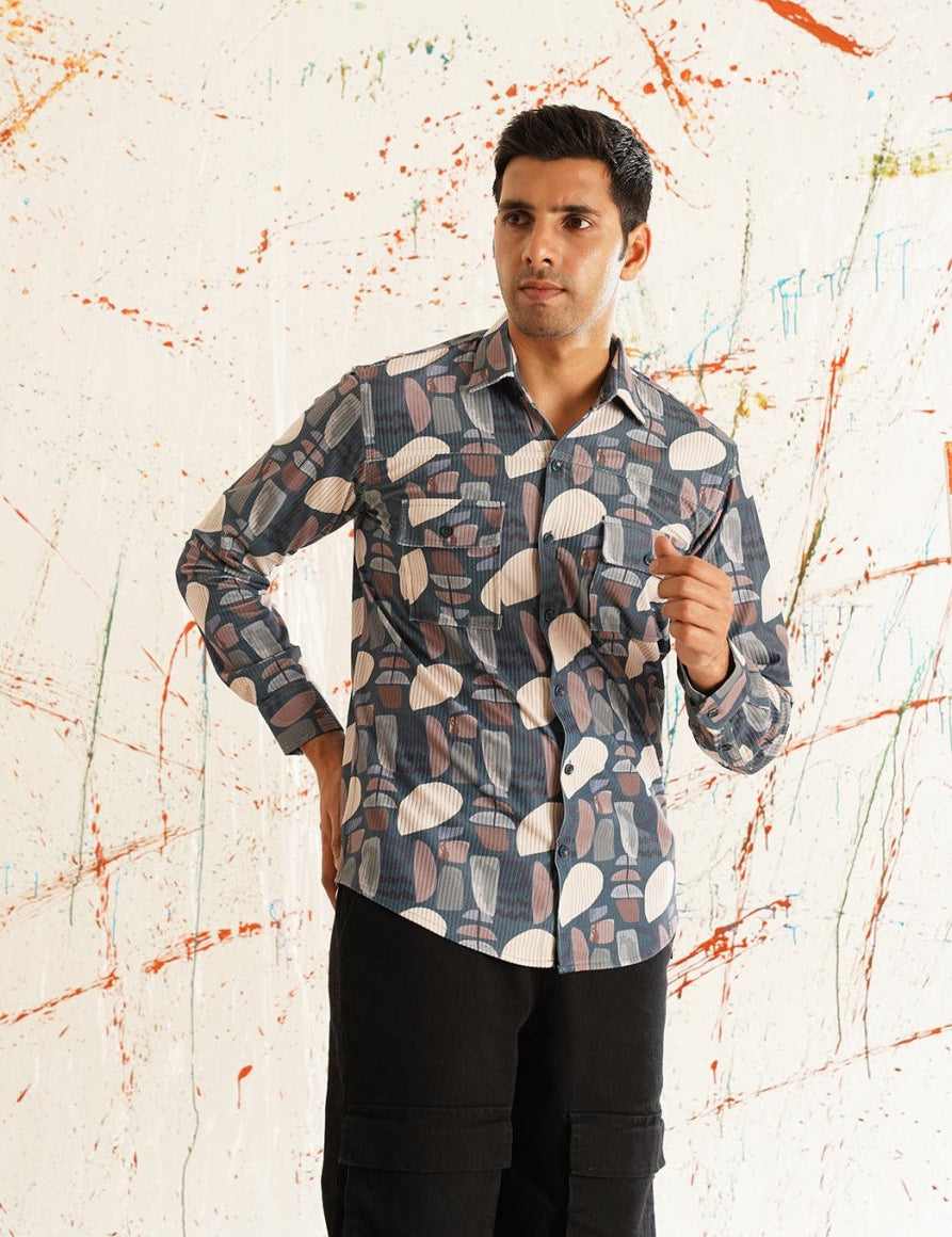 Printed Grey Spread Collar Cotton Curved Casual Shirt - SF_930Grey_S
