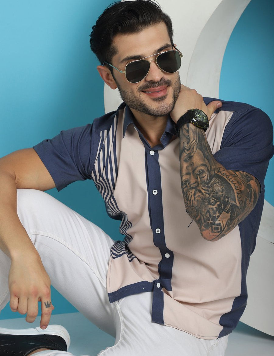 Printed Half Sleeve Lycra Shirt for Men - SF_916Cream_S