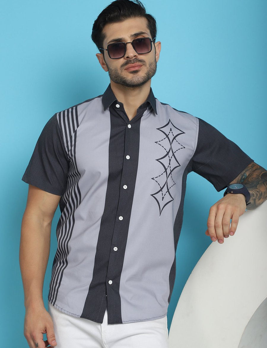 Printed Half Sleeve Lycra Shirt for Men - SF_916Grey_S