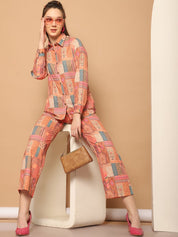 Printed Shirt Collar Shirt With Trouser - JNCS_3013Orange_XS