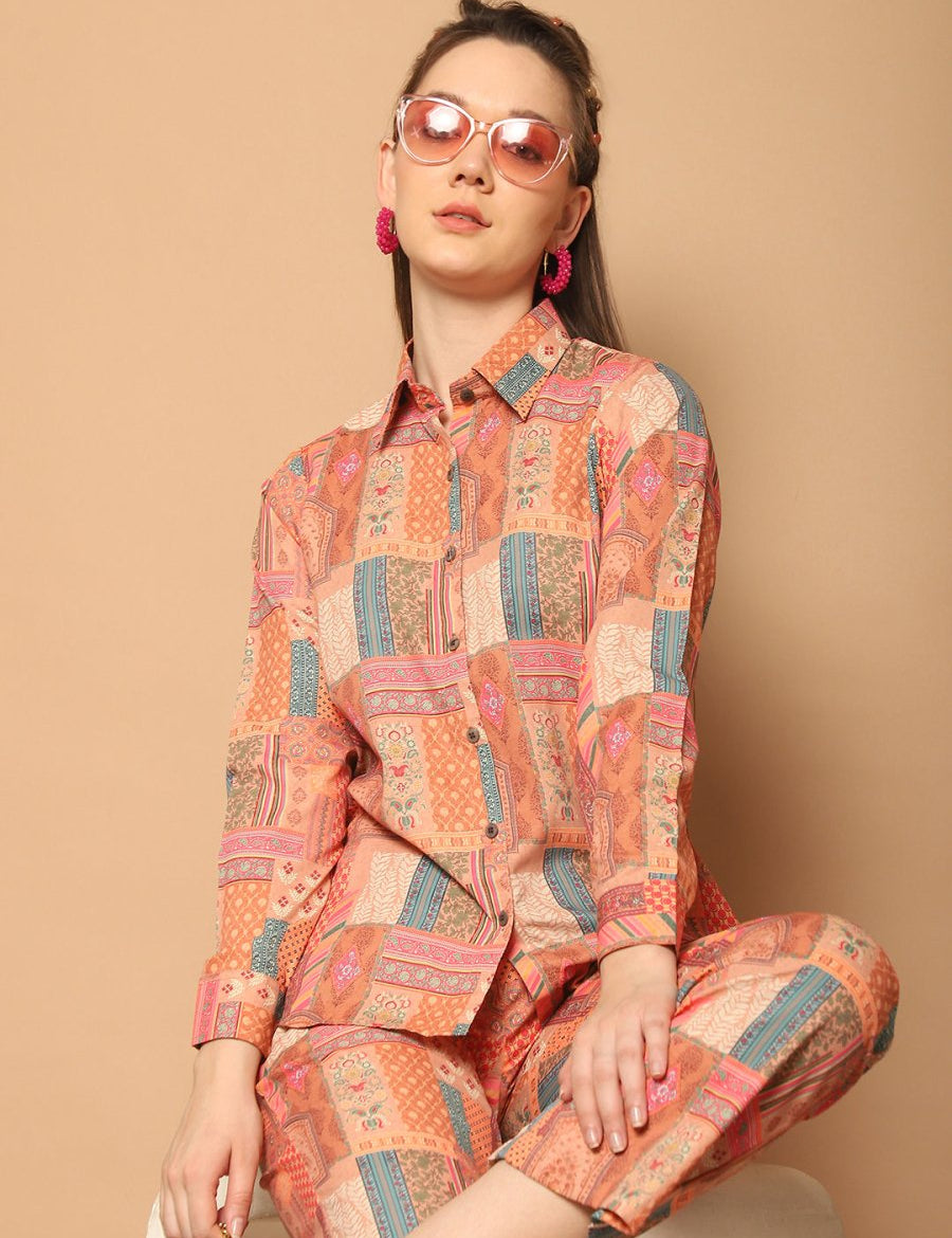 Printed Shirt Collar Shirt With Trouser - JNCS_3013Orange_XS