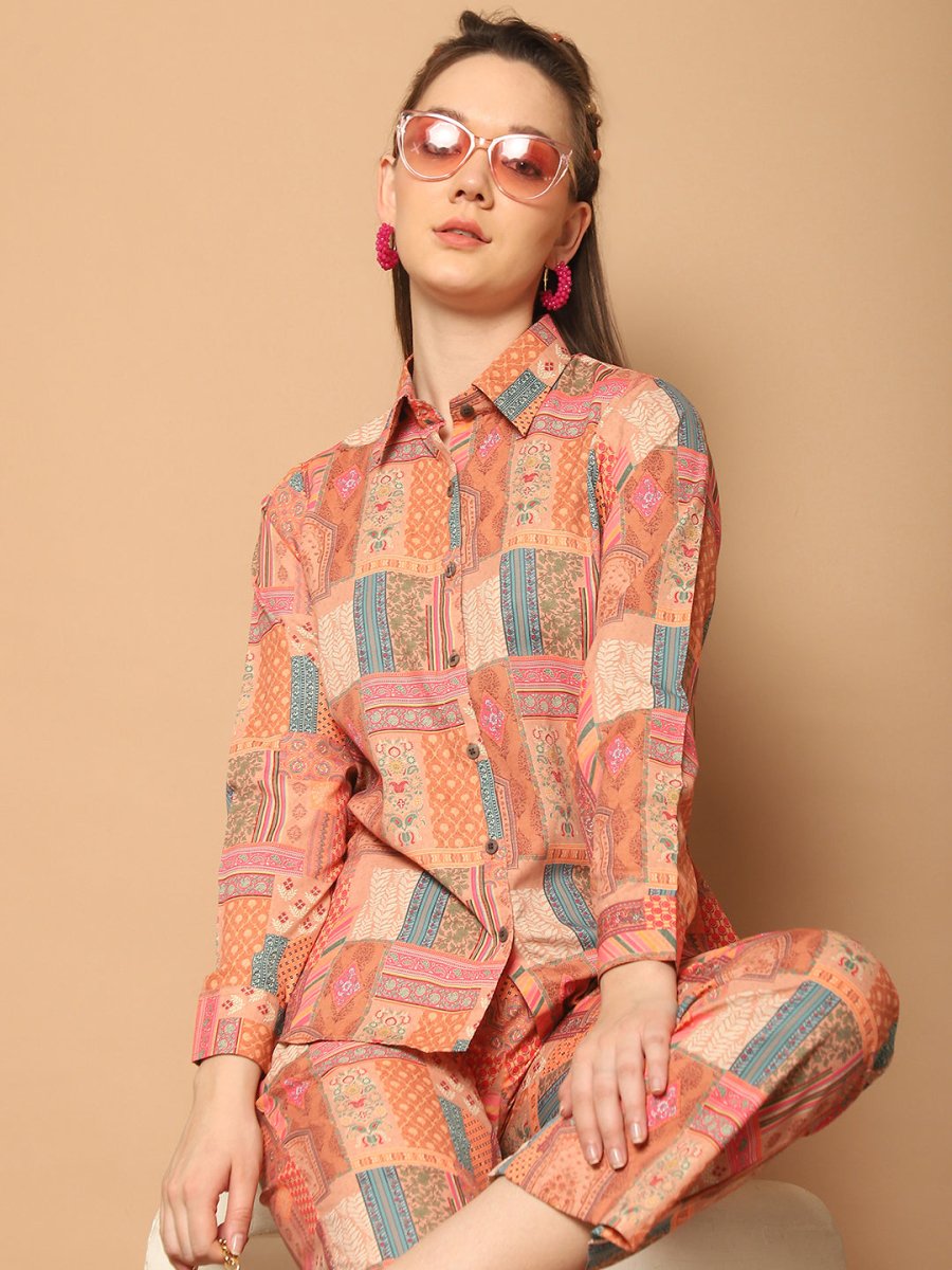 Printed Shirt Collar Shirt With Trouser - JNCS_3013Orange_XS