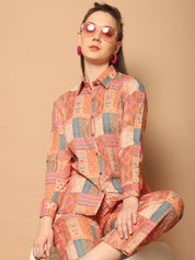 Printed Shirt Collar Shirt With Trouser - JNCS_3013Orange_XS