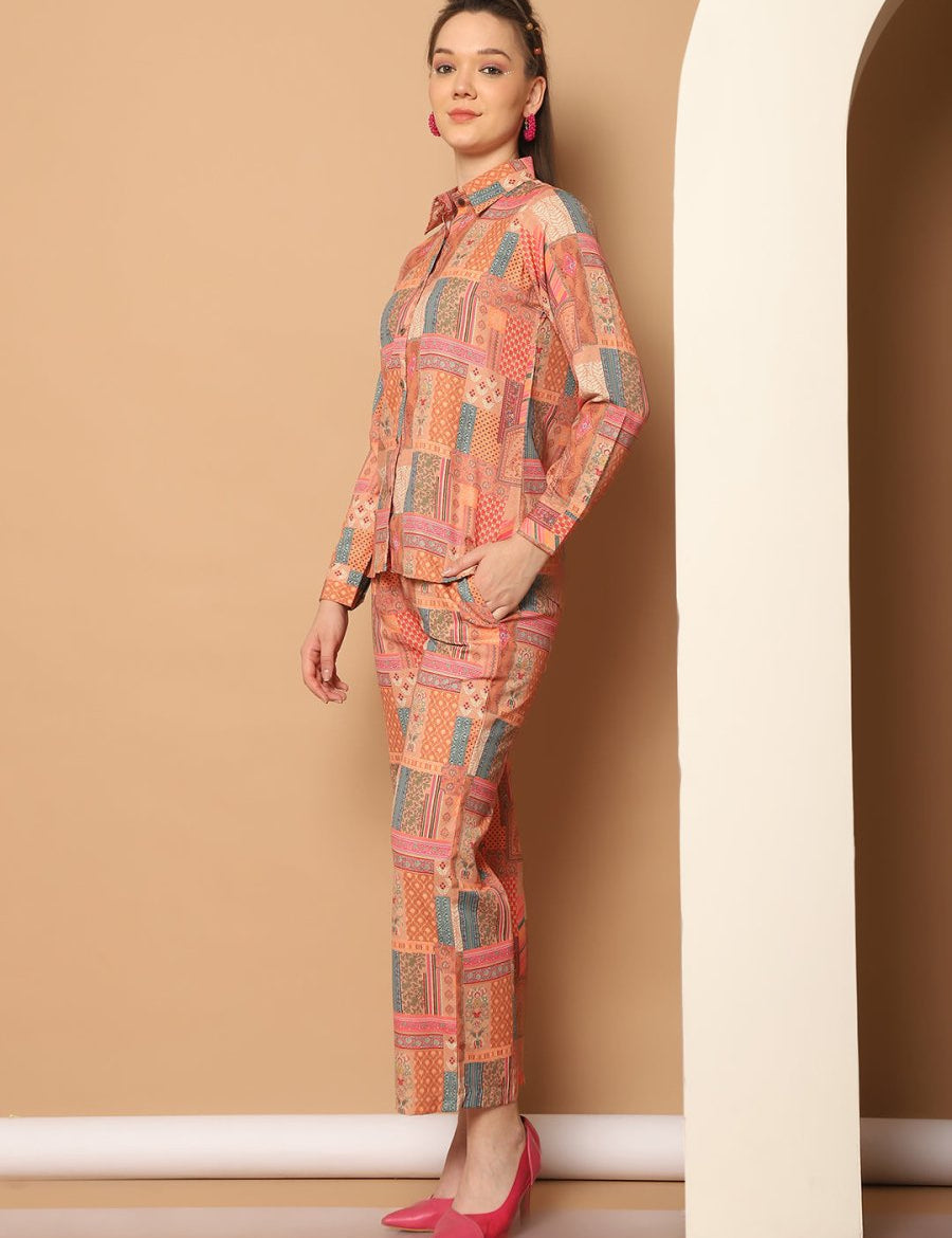 Printed Shirt Collar Shirt With Trouser - JNCS_3013Orange_XS