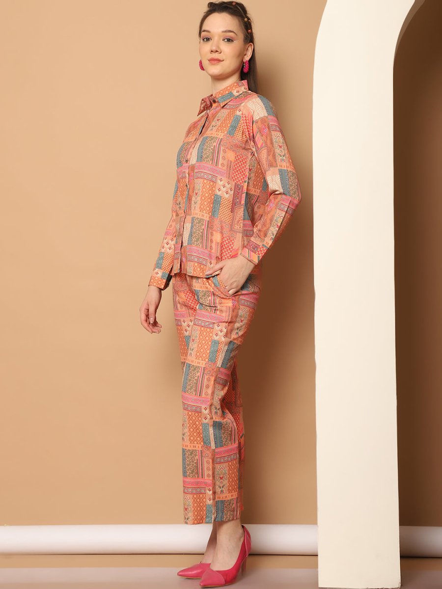 Printed Shirt Collar Shirt With Trouser - JNCS_3013Orange_XS