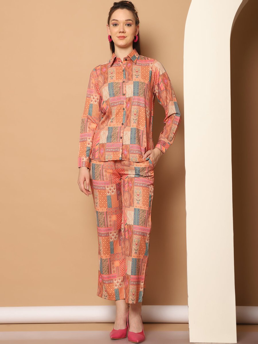 Printed Shirt Collar Shirt With Trouser - JNCS_3013Orange_XS