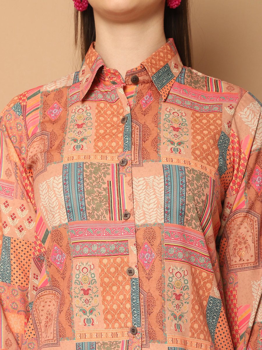 Printed Shirt Collar Shirt With Trouser - JNCS_3013Orange_XS