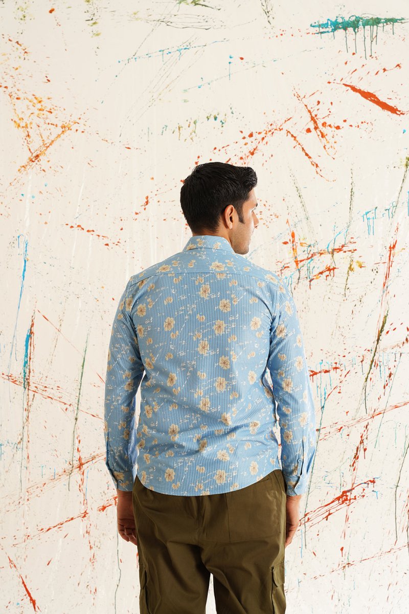 Printed Spread Collar Cotton Curved Casual Shirt - SF_930Blue_S