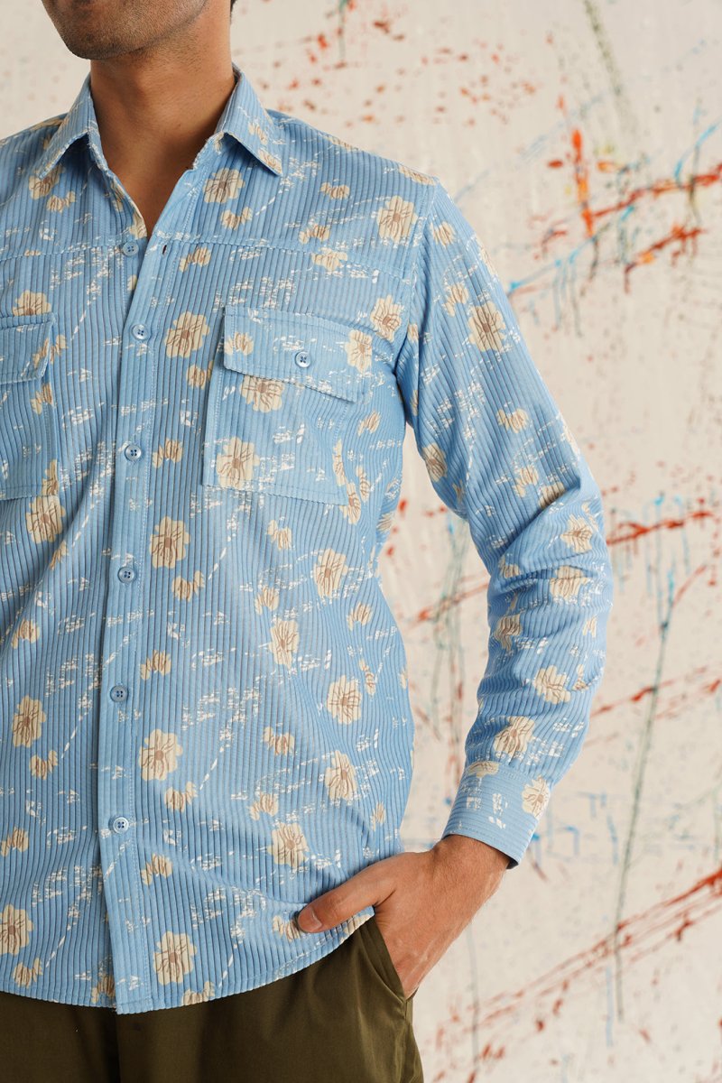 Printed Spread Collar Cotton Curved Casual Shirt - SF_930Blue_S