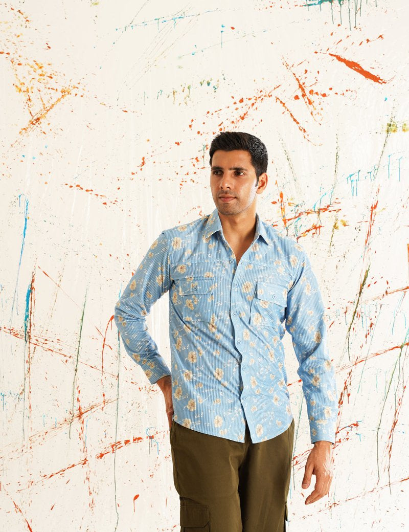 Printed Spread Collar Cotton Curved Casual Shirt - SF_930Blue_S