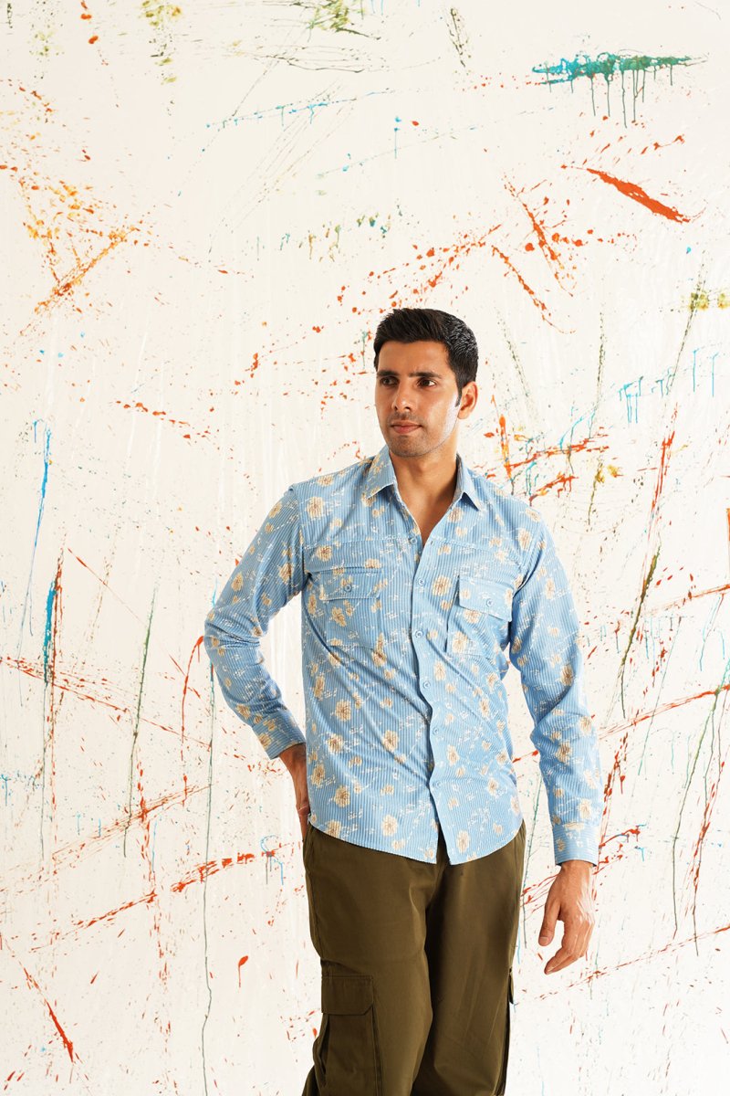 Printed Spread Collar Cotton Curved Casual Shirt - SF_930Blue_S
