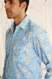 Printed Spread Collar Cotton Curved Casual Shirt - SF_930Blue_S
