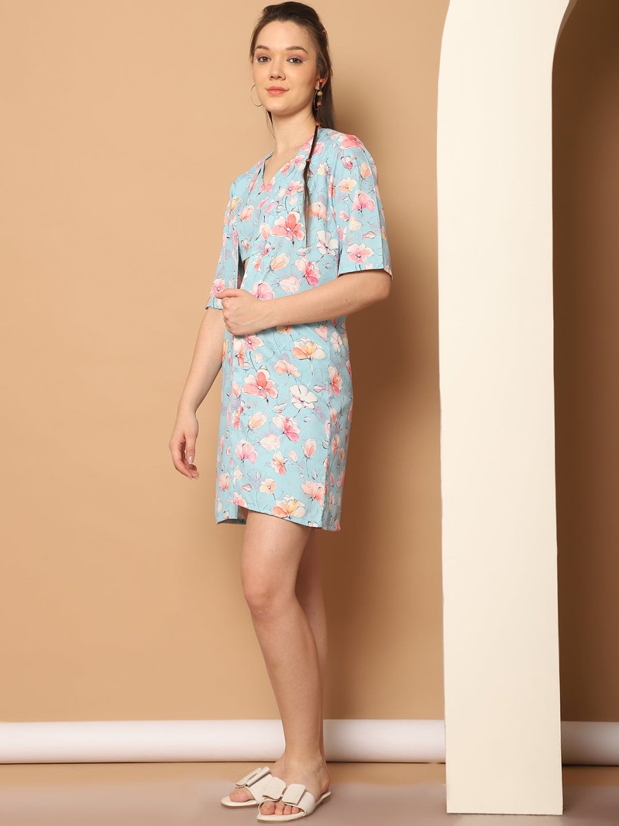 Printed Top With Shorts & shurg - JNCS_3012Blue_XS