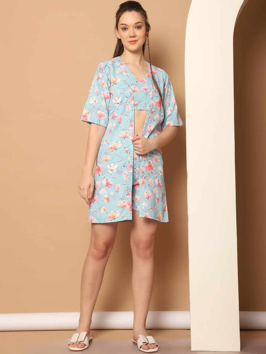 Printed Top With Shorts & shurg - JNCS_3012Blue_XS