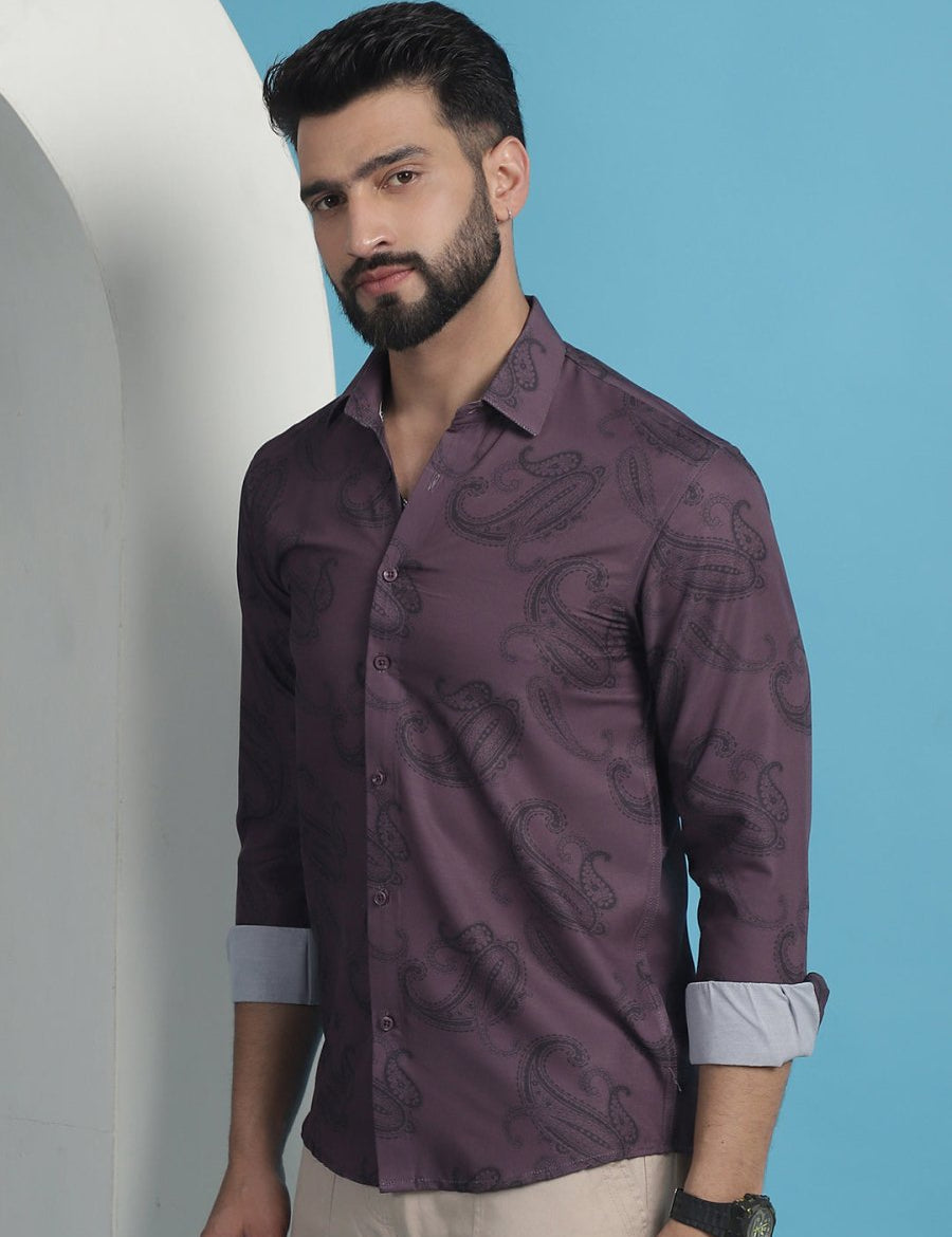 Purple Floral Printed Cotton Casual Shirt - SF_936Purple_S