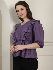 Purple Solid Women's Top With Frills - JNT_2024Purple_XS