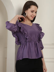 Purple Solid Women's Top With Frills - JNT_2024Purple_XS