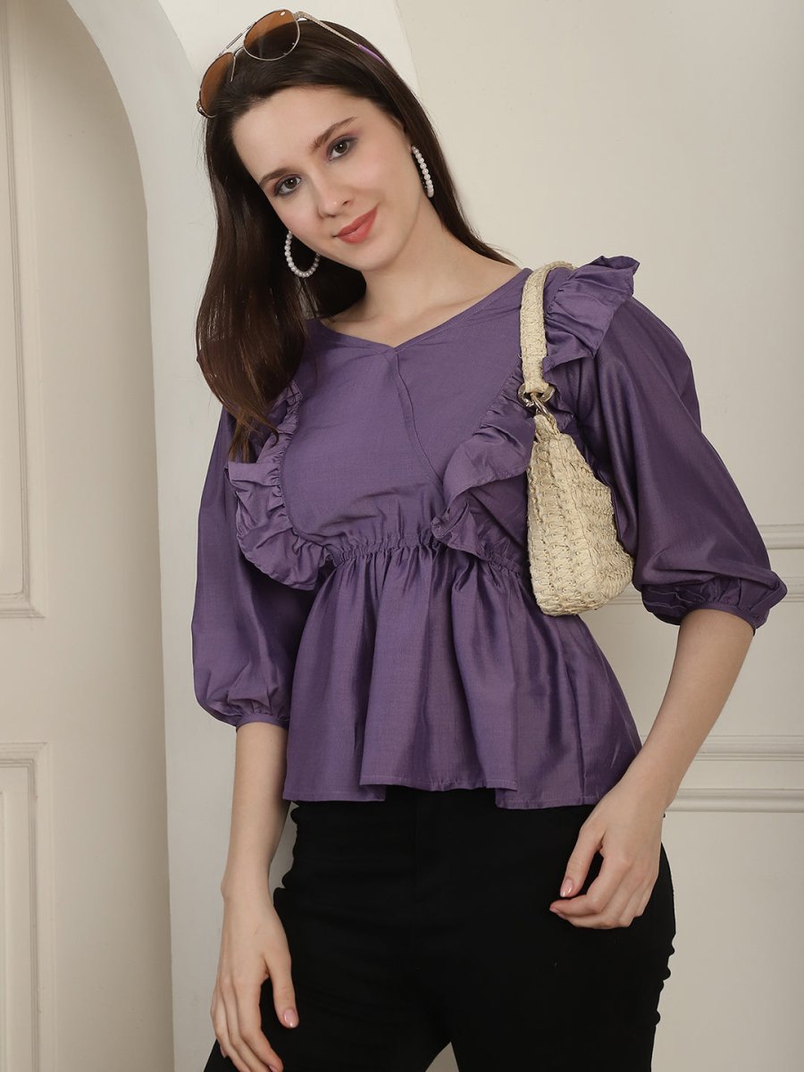 Purple Solid Women's Top With Frills - JNT_2024Purple_XS