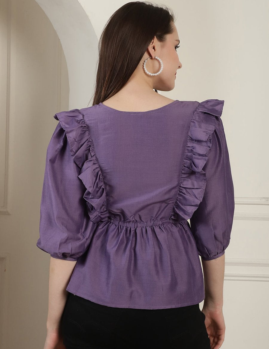 Purple Solid Women's Top With Frills - JNT_2024Purple_XS