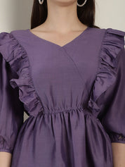 Purple Solid Women's Top With Frills - JNT_2024Purple_XS