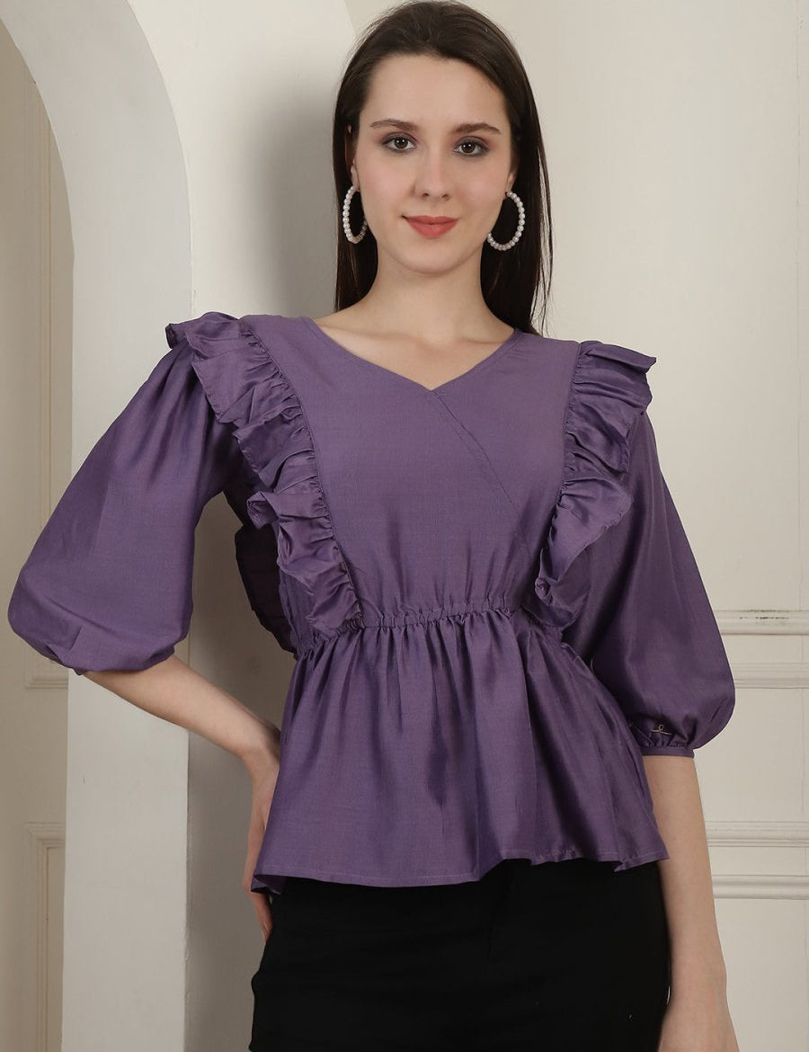 Purple Solid Women's Top With Frills - JNT_2024Purple_XS