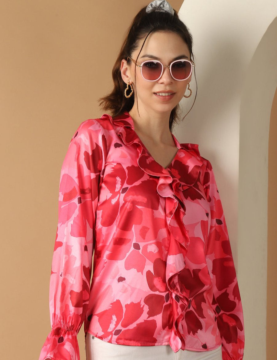 Red Floral Printed Ruffles Top For Women - JNT_2028Red_XS