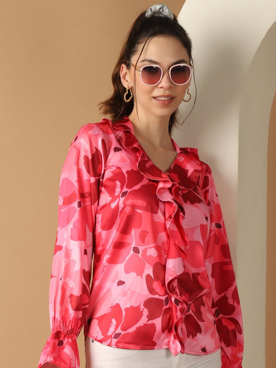 Red Floral Printed Ruffles Top For Women - JNT_2028Red_XS