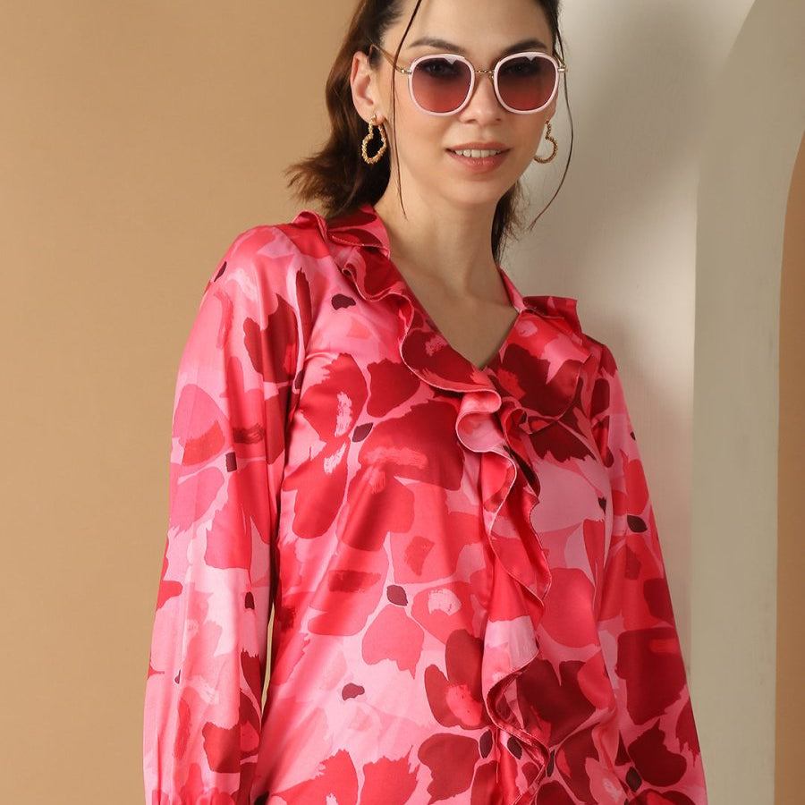 Red Floral Printed Ruffles Top For Women - JNT_2028Red_XS