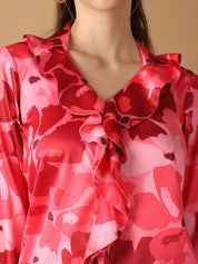 Red Floral Printed Ruffles Top For Women - JNT_2028Red_XS