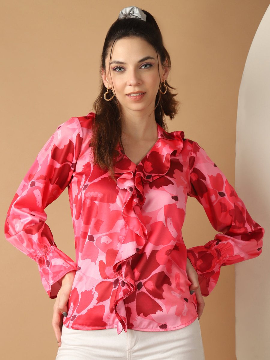 Red Floral Printed Ruffles Top For Women - JNT_2028Red_XS