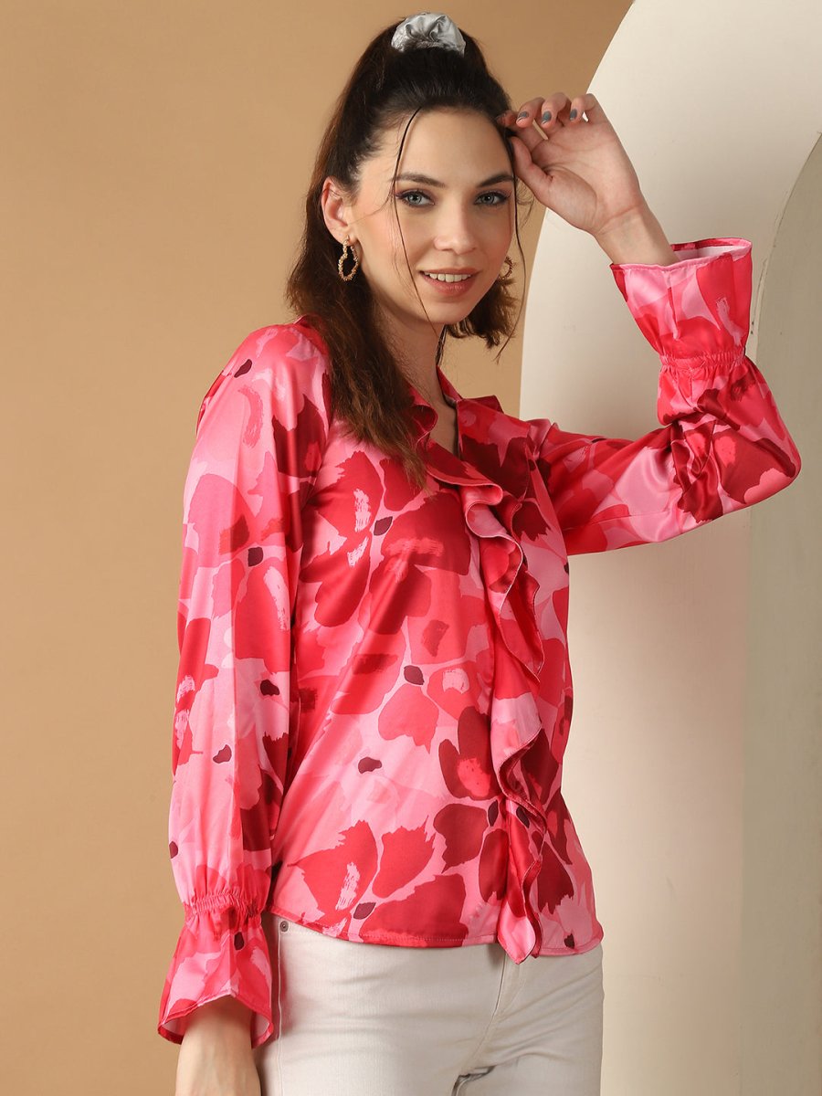 Red Floral Printed Ruffles Top For Women - JNT_2028Red_XS