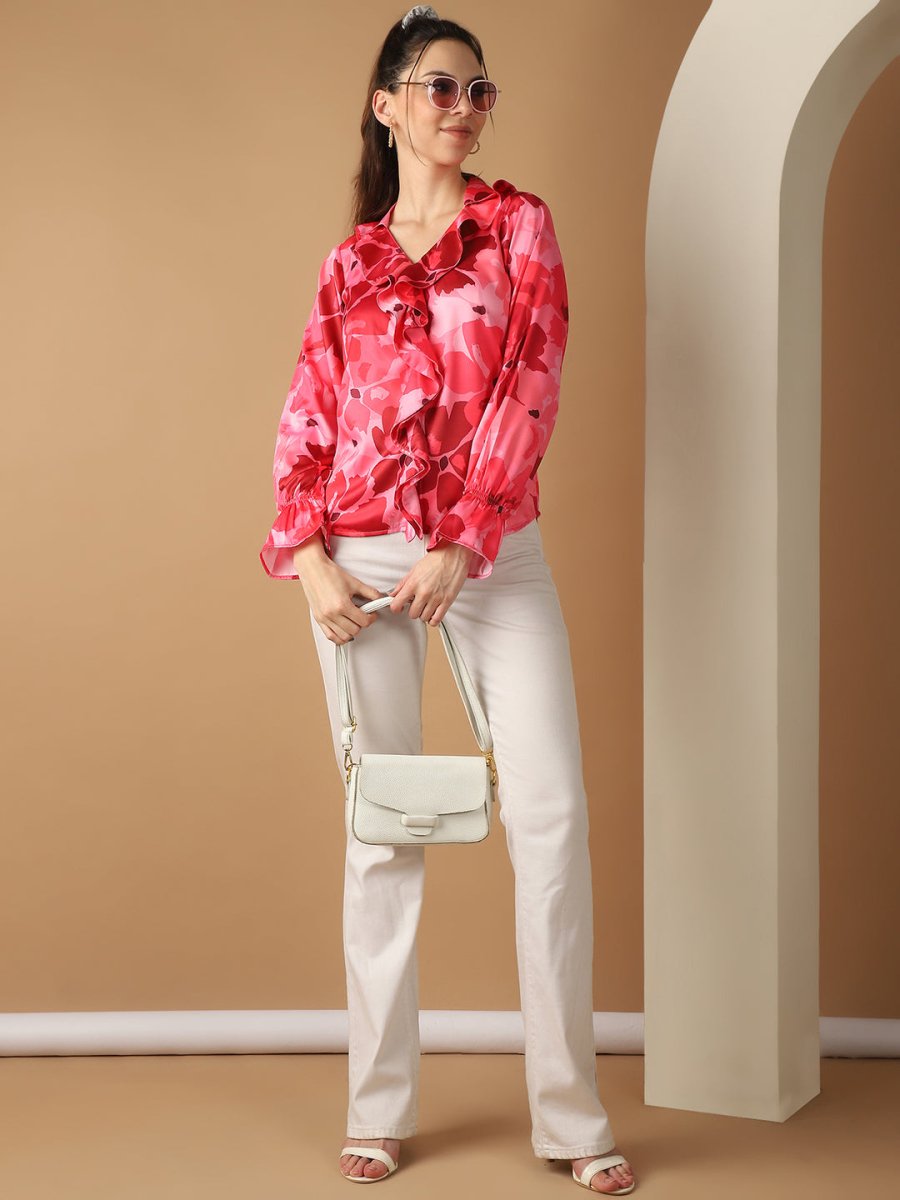 Red Floral Printed Ruffles Top For Women - JNT_2028Red_XS