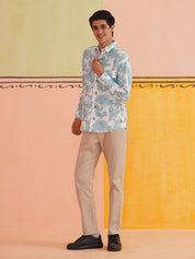 Sky Blue Printed Spread Collar Cotton Curved Casual Shirt - SF_930Sky_S