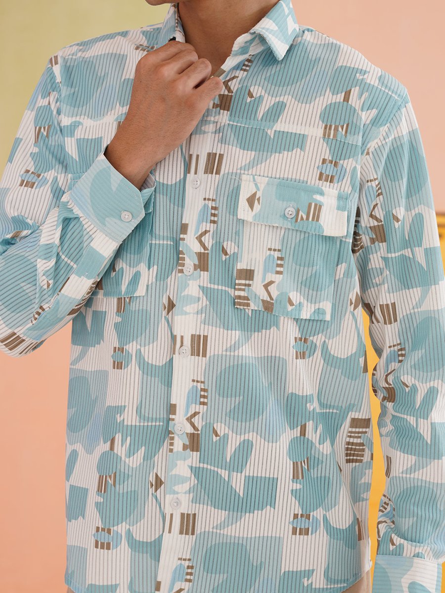 Sky Blue Printed Spread Collar Cotton Curved Casual Shirt - SF_930Sky_S