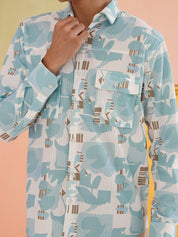 Sky Blue Printed Spread Collar Cotton Curved Casual Shirt - SF_930Sky_S