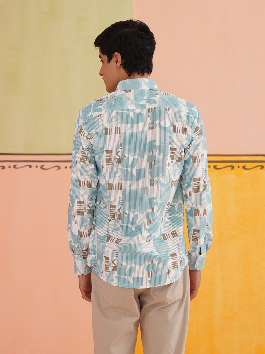 Sky Blue Printed Spread Collar Cotton Curved Casual Shirt - SF_930Sky_S