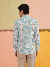 Sky Blue Printed Spread Collar Cotton Curved Casual Shirt - SF_930Sky_S