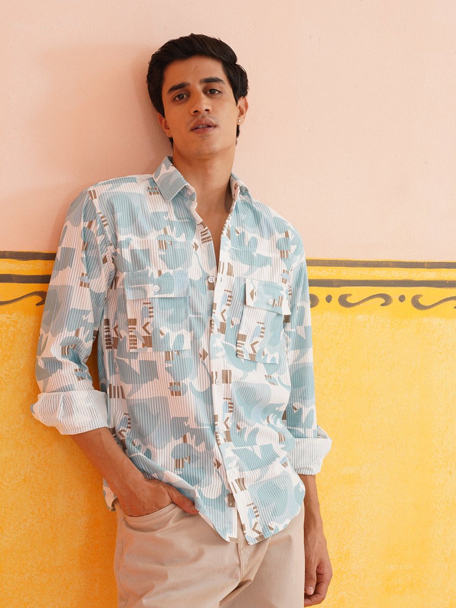 Sky Blue Printed Spread Collar Cotton Curved Casual Shirt - SF_930Sky_S