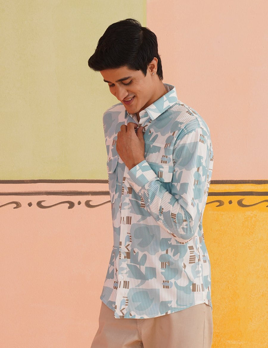 Sky Blue Printed Spread Collar Cotton Curved Casual Shirt - SF_930Sky_S