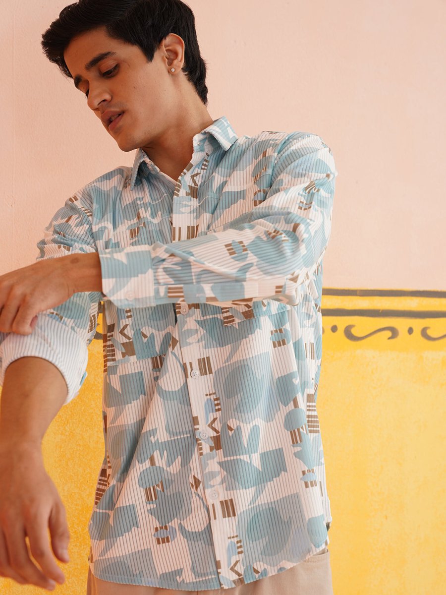 Sky Blue Printed Spread Collar Cotton Curved Casual Shirt - SF_930Sky_S