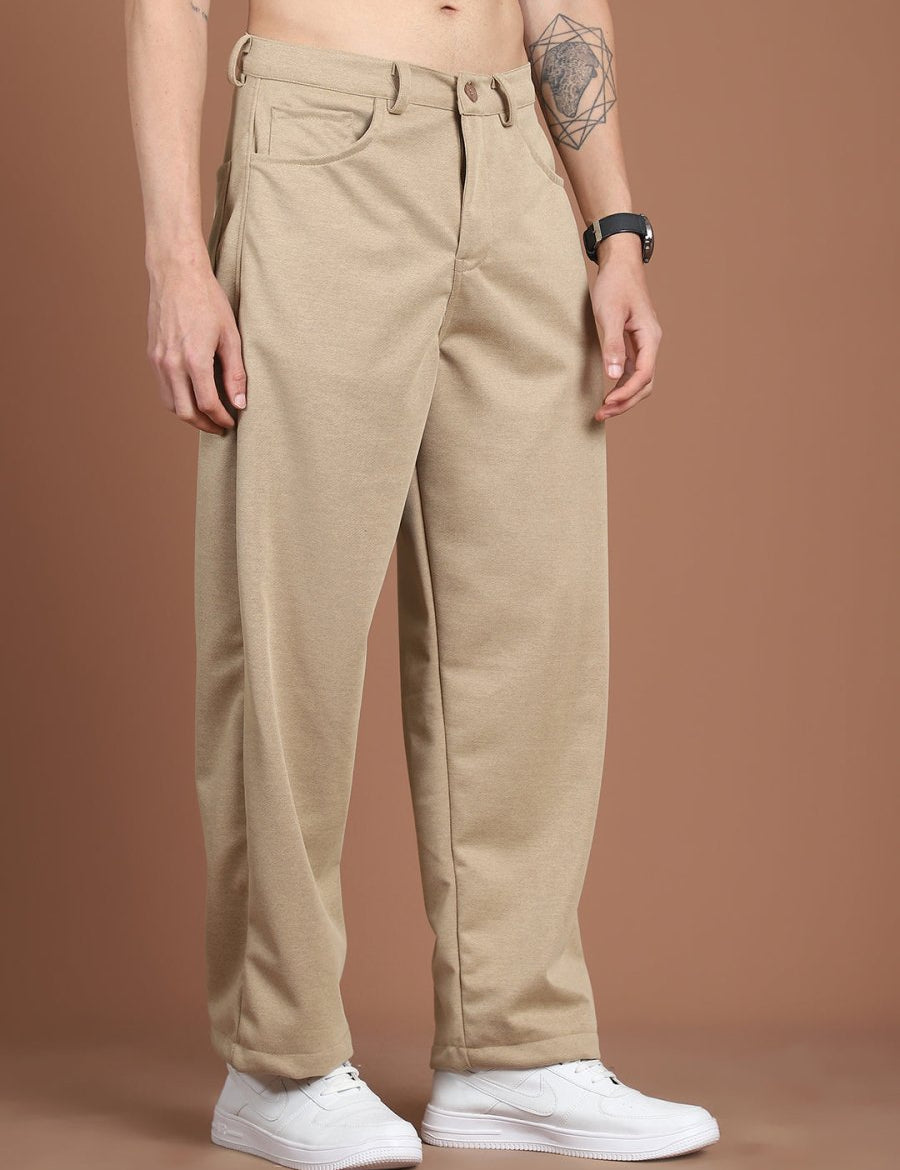Solid Relaxed-Fit Regular Trousers For Men - GP_281Beige_30