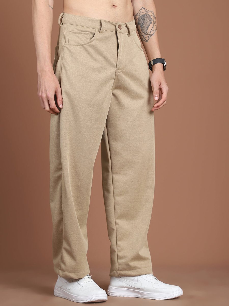 Solid Relaxed-Fit Regular Trousers For Men - GP_281Beige_30
